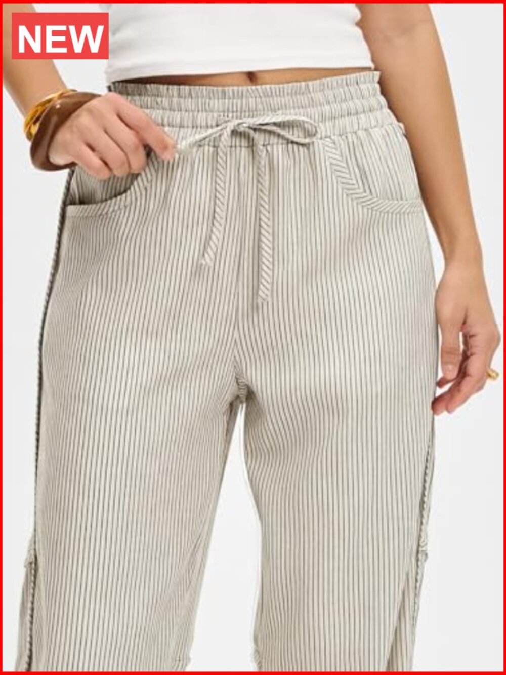 Womens Striped Barrel Casual Pants Elastic Drawstring Wide Leg Trousers with - Picture 2 of 7